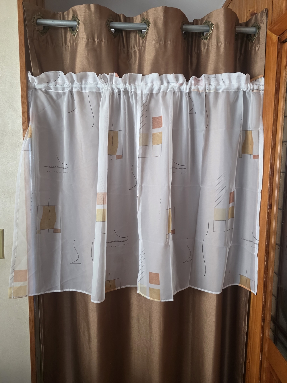 Sheer White Kitchen Curtain with Beige and Tan Geometric Accents